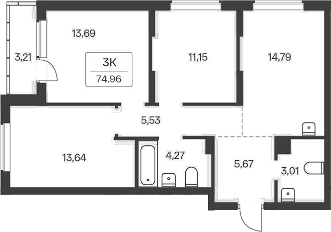 Планировка 3-к.кв 71.75 м² в ЖК «Расцветай на Зорге»