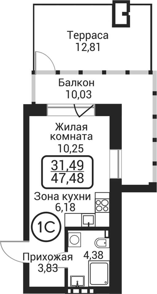 Планировка студия 24.64 м² в ЖК «Пегас»