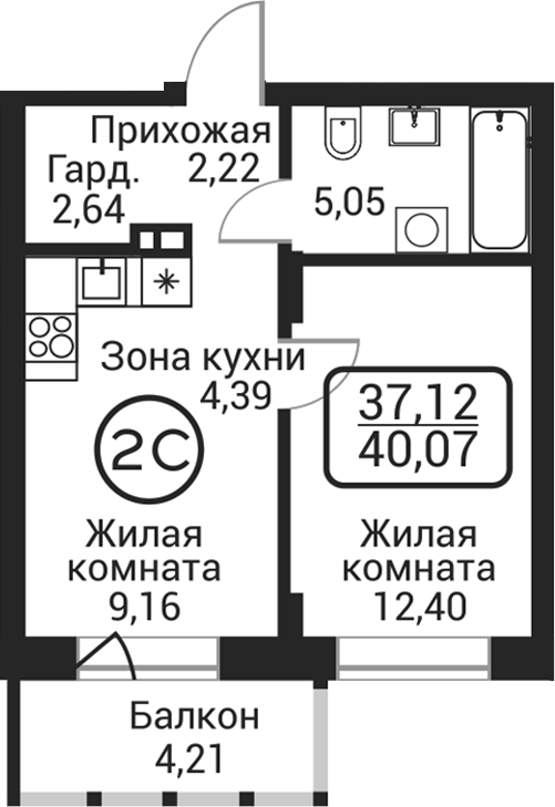 Планировка 2е-к. квартира 35.86 м² в ЖК «Пегас»