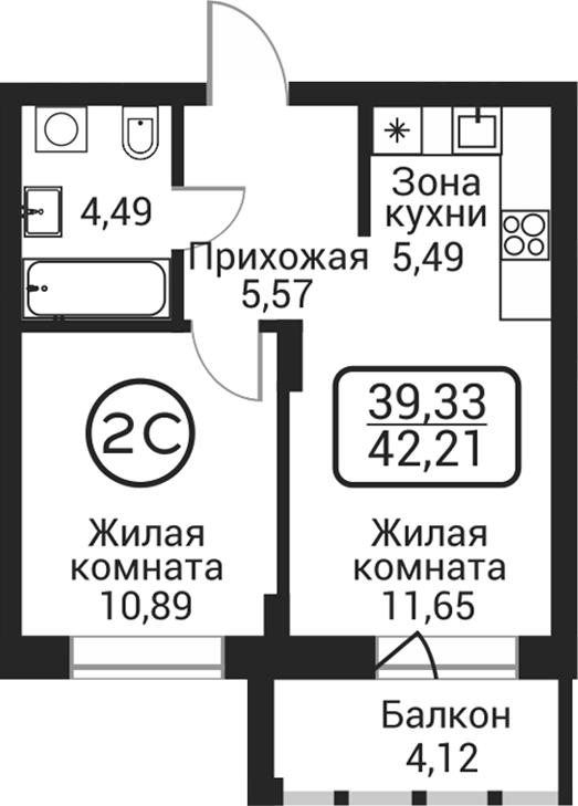 Планировка 2е-к.кв 38.09 м² в ЖК «Пегас»