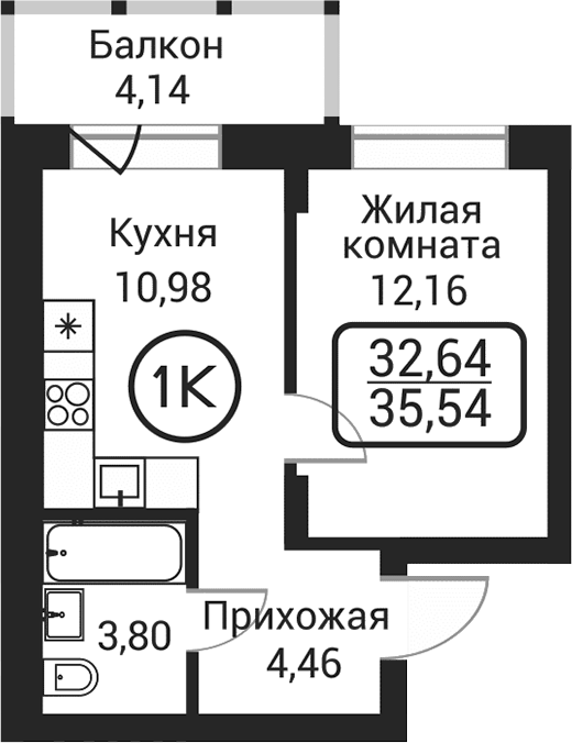 Планировка 1-к. квартира 31.40 м² в ЖК «Пегас»