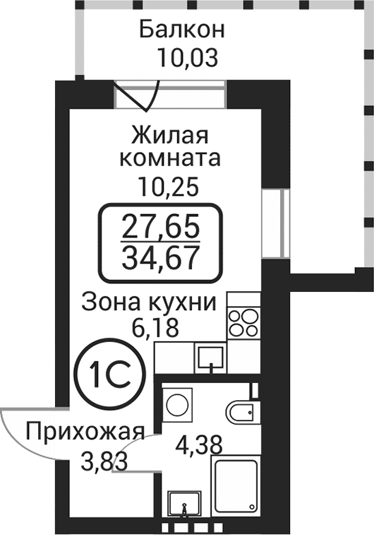 Планировка студия 24.64 м² в ЖК «Пегас»