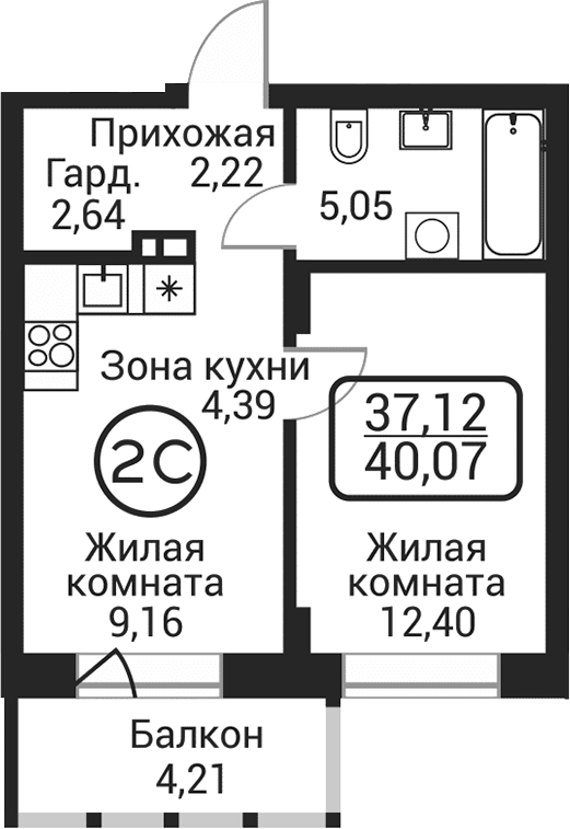 Планировка 2е-к. квартира 35.86 м² в ЖК «Пегас»