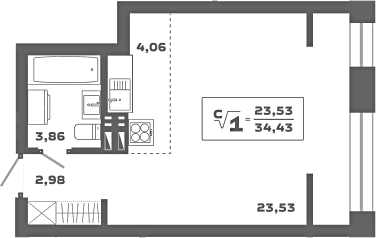 Планировка студии 34.43 м² в ЖК «Ньютон»