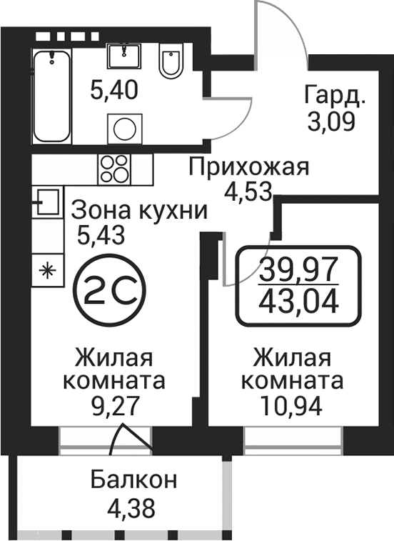 Планировка 2е-к. квартира 38.66 м² в ЖК «Пегас»