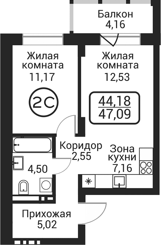 Планировка 2е-к. квартира 42.93 м² в ЖК «Пегас»