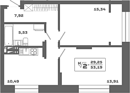 Планировка 2-к.кв 53.19 м² в ЖК «Ньютон»