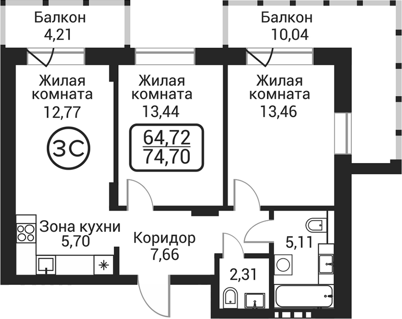 Планировка 3е-к. квартира 60.45 м² в ЖК «Пегас»