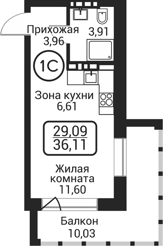 Планировка студия 26.08 м² в ЖК «Пегас»