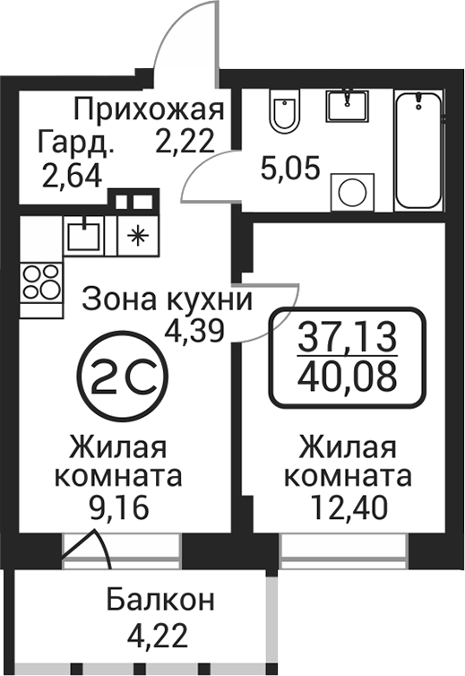 Планировка 2е-к. квартира 35.86 м² в ЖК «Пегас»