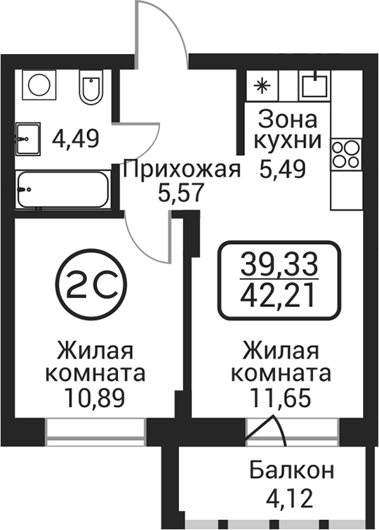 Планировка 2е-к. квартира 38.09 м² в ЖК «Пегас»