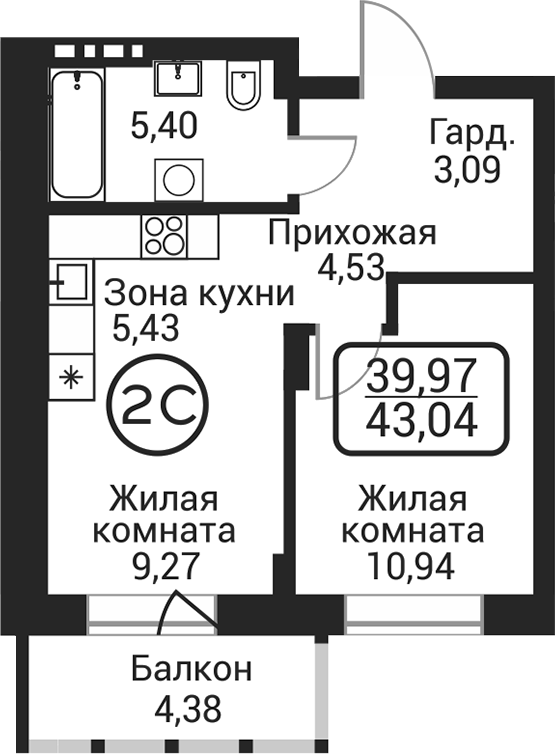 Планировка 2е-к. квартира 38.66 м² в ЖК «Пегас»