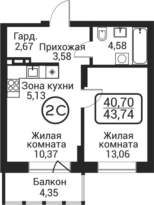 Планировка 2е-к. квартира 39.39 м² в ЖК «Пегас»