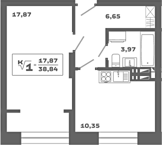 Планировка 1-к.кв 38.84 м² в ЖК «Ньютон»