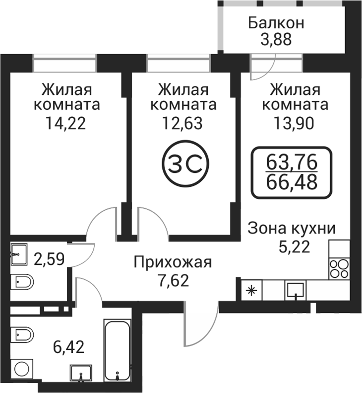 Планировка 3е-к.кв 62.60 м² в ЖК «Пегас»