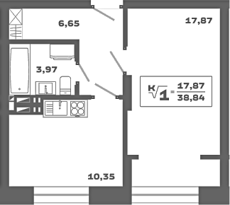 Планировка 1-к.кв 38.84 м² в ЖК «Ньютон»