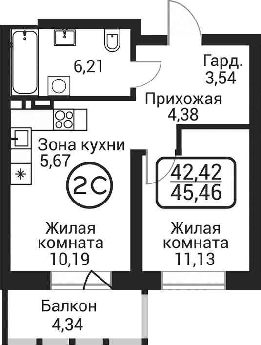Планировка 2е-к. квартира 41.12 м² в ЖК «Пегас»