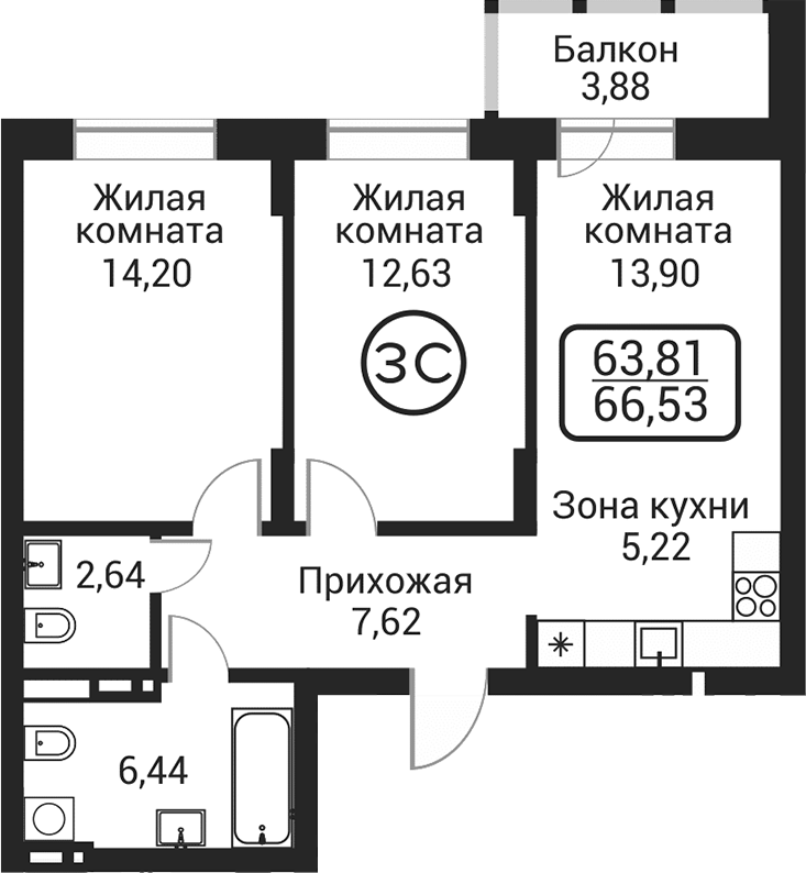 Планировка 3е-к. квартира 62.65 м² в ЖК «Пегас»