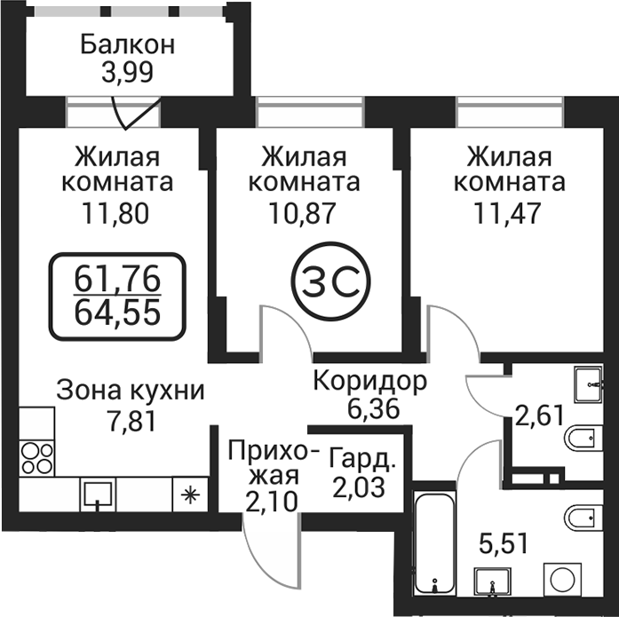 Планировка 3е-к.кв 60.56 м² в ЖК «Пегас»