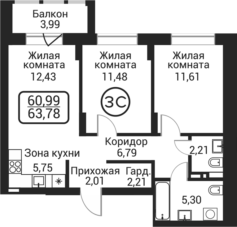 Планировка 3е-к. квартира 59.79 м² в ЖК «Пегас»