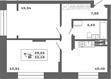 Планировка 2-к.кв 53.19 м² в ЖК «Ньютон»