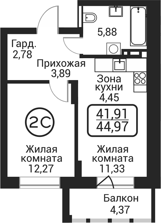 Планировка 2е-к.кв 40.60 м² в ЖК «Пегас»