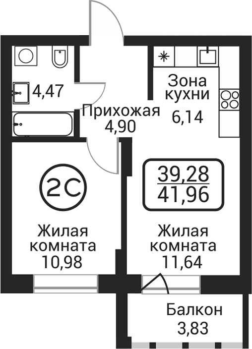 Планировка 2е-к. квартира 38.13 м² в ЖК «Пегас»