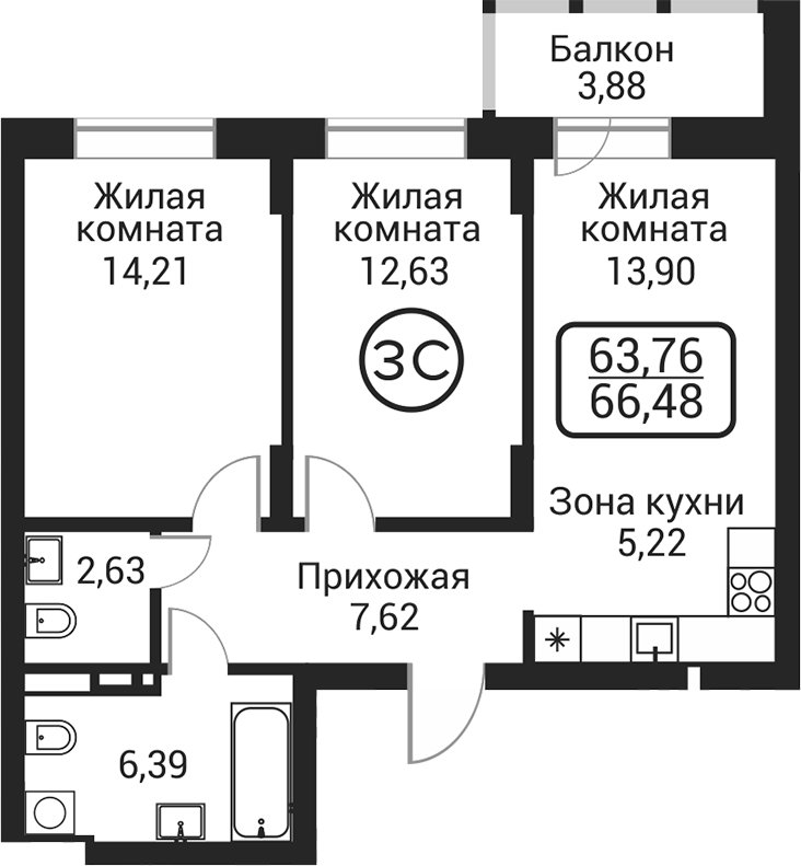 Планировка 3е-к.кв 62.60 м² в ЖК «Пегас»