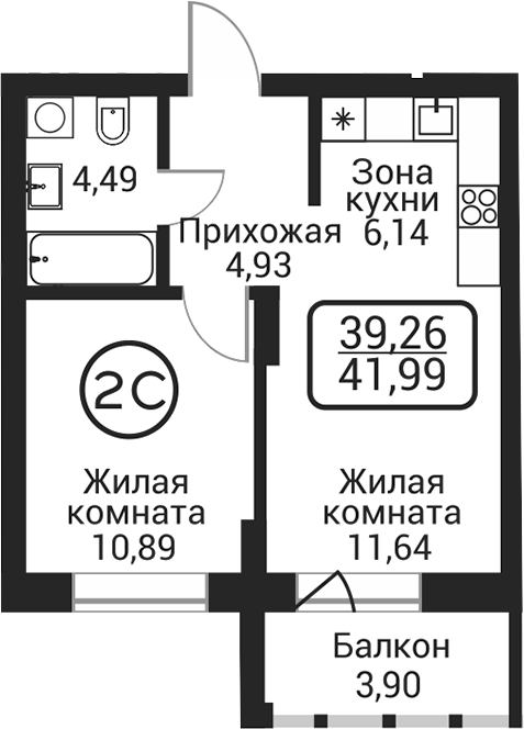 Планировка 2е-к. квартира 38.09 м² в ЖК «Пегас»