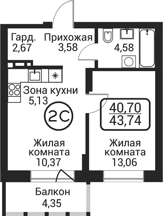 Планировка 2е-к.кв 39.39 м² в ЖК «Пегас»