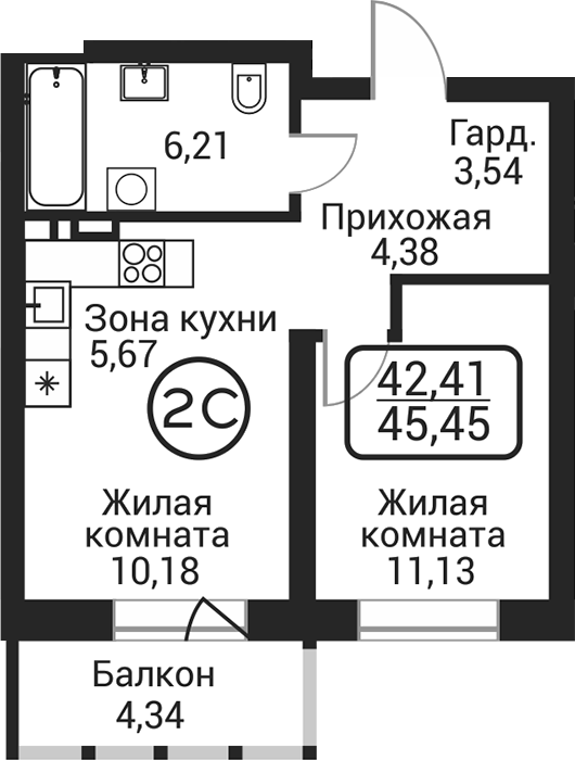 Планировка 2е-к.кв 41.11 м² в ЖК «Пегас»