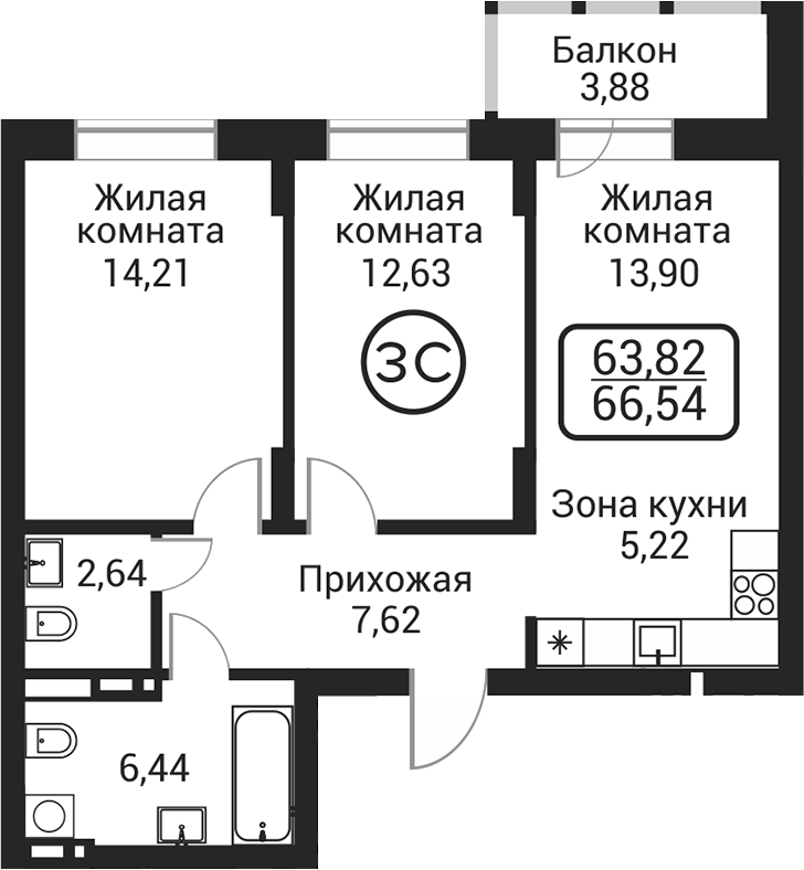 Планировка 3е-к.кв 62.66 м² в ЖК «Пегас»