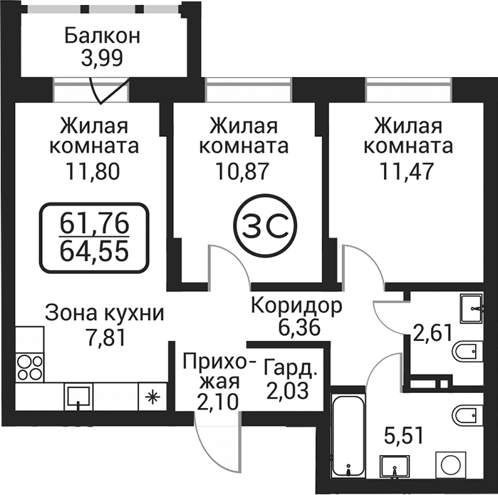 Планировка 3е-к.кв 60.56 м² в ЖК «Пегас»