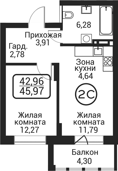 Планировка 2е-к.кв 41.67 м² в ЖК «Пегас»