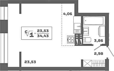 Планировка студии 34.43 м² в ЖК «Ньютон»