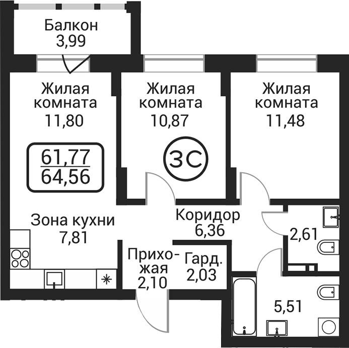 Планировка 3е-к.кв 60.57 м² в ЖК «Пегас»
