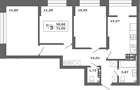 Планировка 3-к.кв 71.00 м² в ЖК «Ньютон»