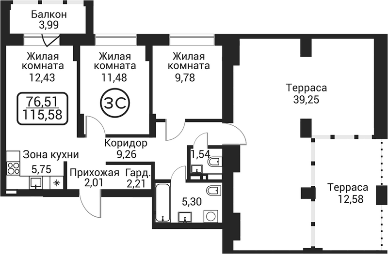 Планировка 3е-к. квартира 59.76 м² в ЖК «Пегас»