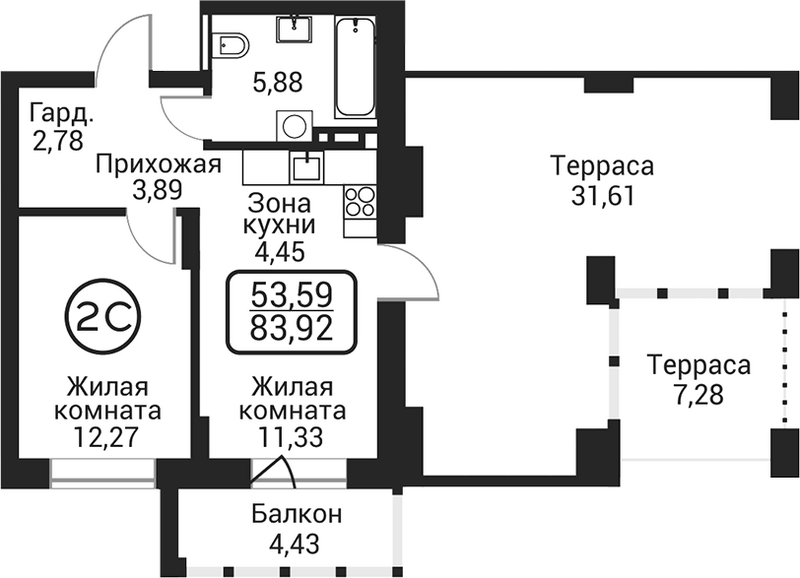 Планировка 2е-к.кв 40.60 м² в ЖК «Пегас»