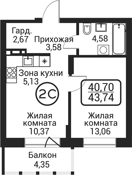 Планировка 2е-к. квартира 39.39 м² в ЖК «Пегас»