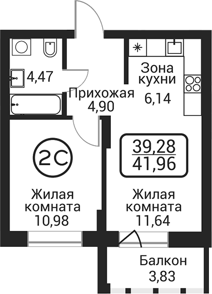 Планировка 2е-к. квартира 38.13 м² в ЖК «Пегас»