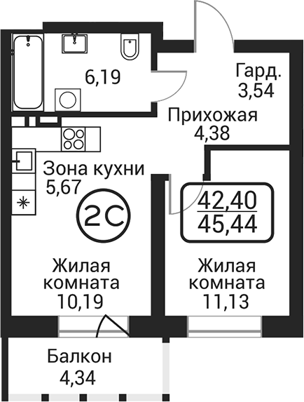 Планировка 2е-к.кв 41.10 м² в ЖК «Пегас»