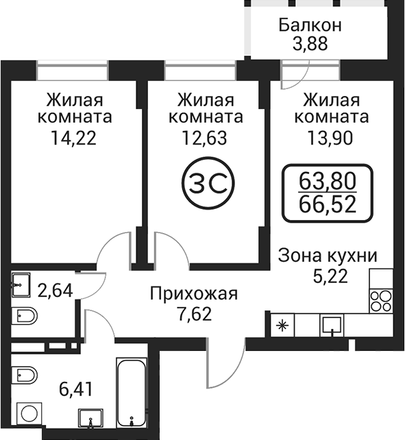 Планировка 3е-к.кв 62.64 м² в ЖК «Пегас»