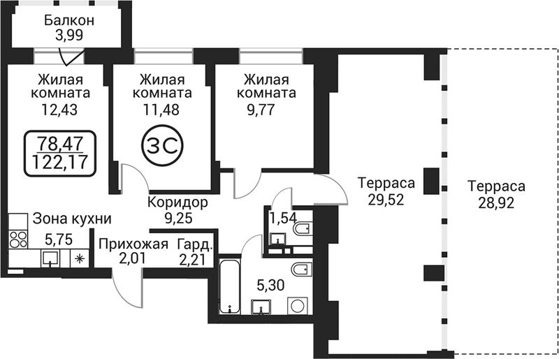 Планировка 3е-к. квартира 59.73 м² в ЖК «Пегас»