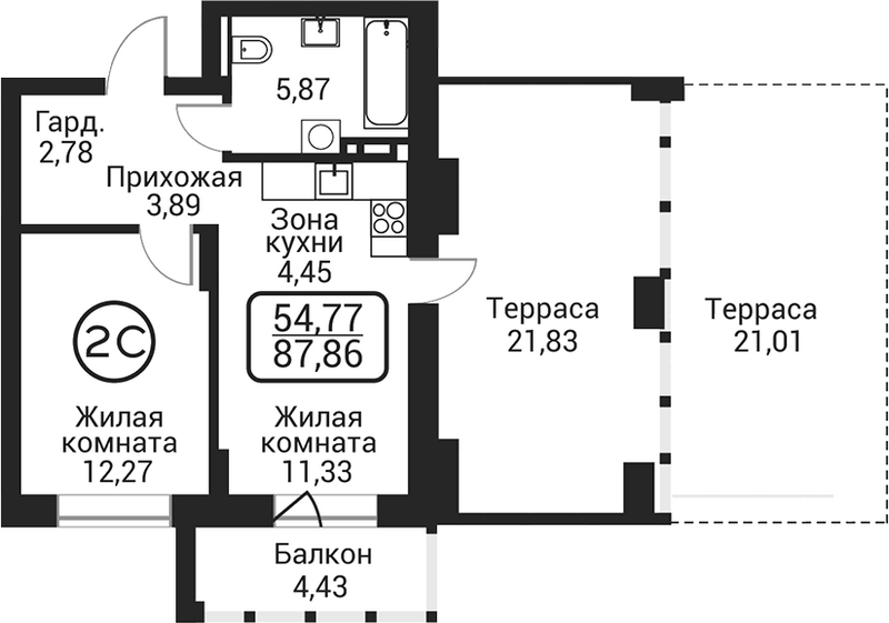 Планировка 2е-к.кв 40.59 м² в ЖК «Пегас»