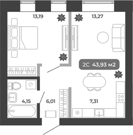 Планировка 2е-к.кв 43.93 м² в ЖК «Ботаника»