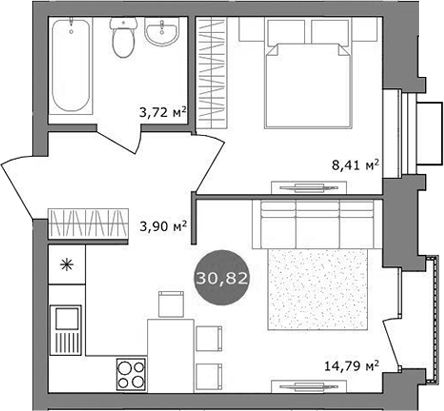 Планировка 2е-к.кв 31.03 м² в ЖК «19/56 Кварталы Телецентра»