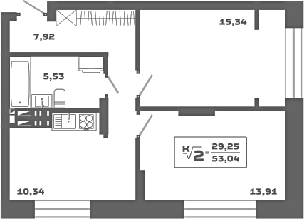 Планировка 2-к.кв 53.04 м² в ЖК «Ньютон»