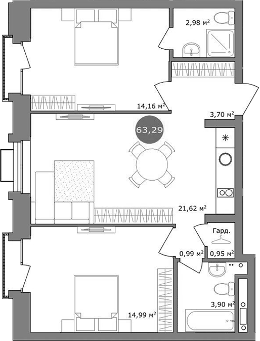 Планировка 3е-к.кв 63.29 м² в ЖК «19/56 Кварталы Телецентра»