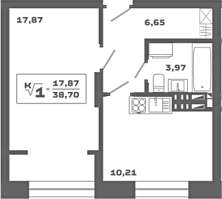 Планировка 1-к.кв 38.70 м² в ЖК «Ньютон»